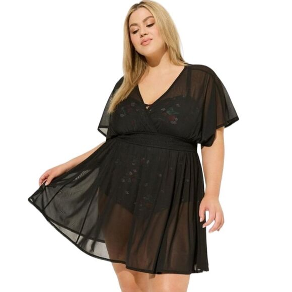 TORRID Plus Size Black mesh retro chic smocked swimsuit cover-up dress 4X - Picture 6 of 16